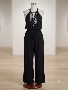 bebe Black Halter Jumpsuit with White Embroidery